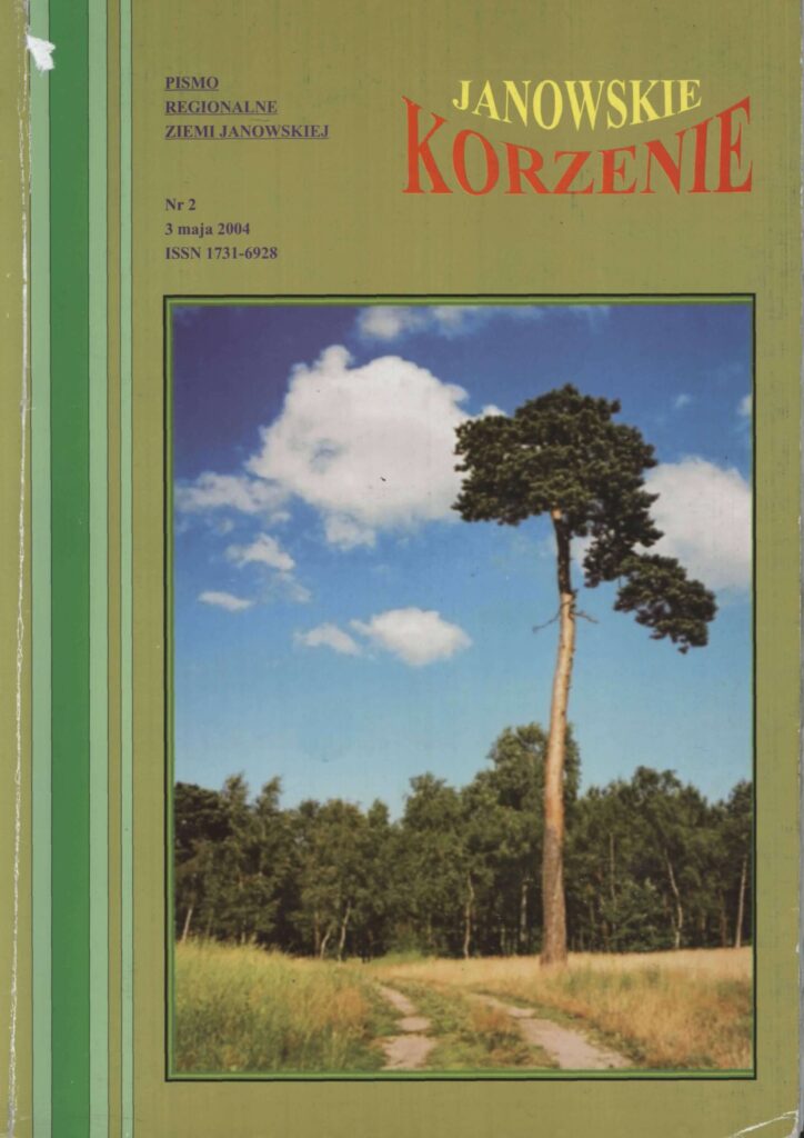Wysokie drzewo z nielicznymi gałęziami na tle niebieskiego nieba z chmurami, łąka i droga ziemna, las w tle.