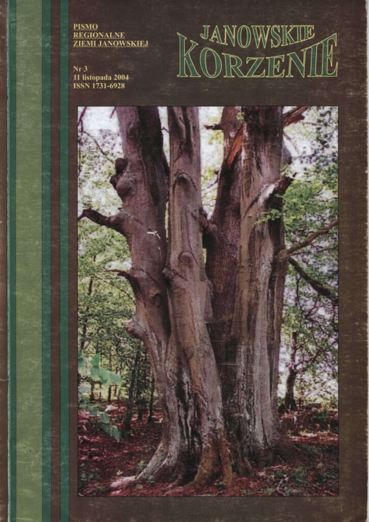 Stare, rozgałęzione pnie drzew na tle zielonego lasu, brązowa i zielona ramka okładki czasopisma.