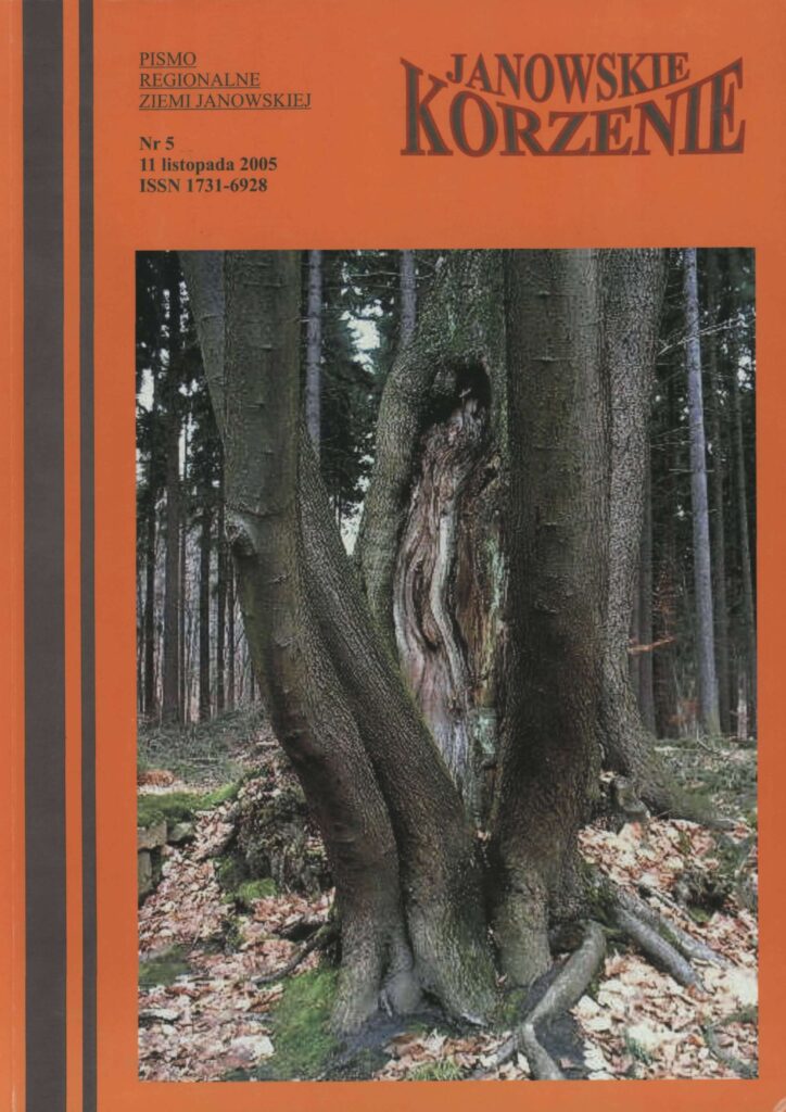 Grube pnie drzew z widoczną raną, wokół suche liście i zielony mech, las iglasty w tle, pomarańczowa ramka z tekstem.