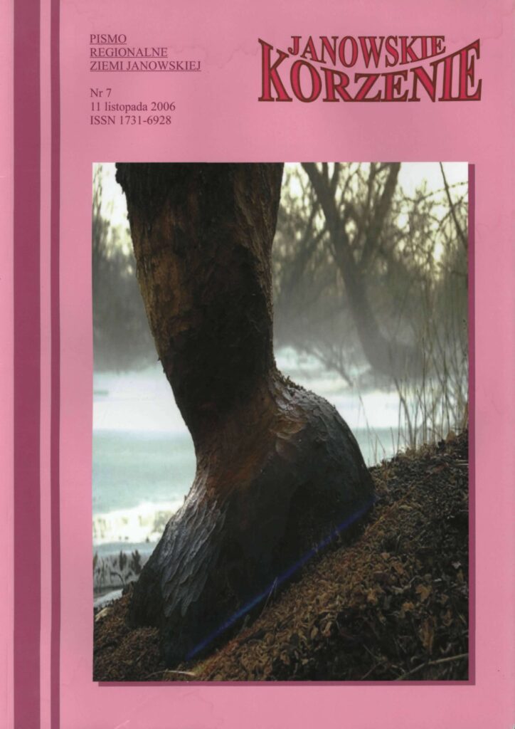 Pokrzywiona kora drzewa nad ziemią, obszar zarośnięty, tło mgła i drzewa, różowa okładka pisma regionalnego.