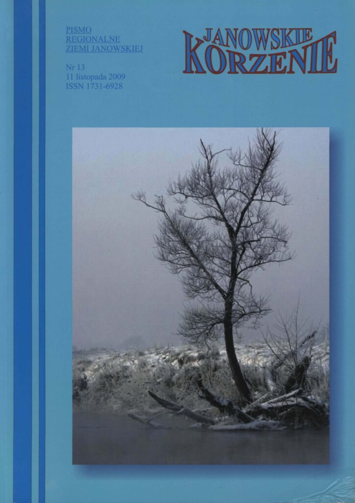 Drzewo bez liści nad rzeką, zimowy krajobraz z oszronioną roślinnością, szare niebo, niebieska okładka czasopisma.