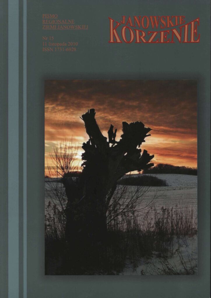 Sylwetka powykręcanego drzewa na tle zachodu słońca, śnieżne pole i krzewy, ciemne chmury na pomarańczowym niebie.