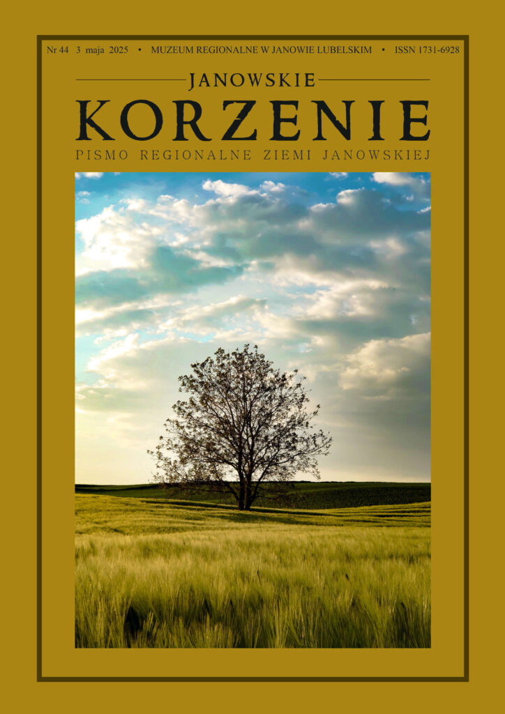 Drzewo na tle zielonego pola i niebieskiego nieba z chmurami, okładka magazynu z brązową ramą.